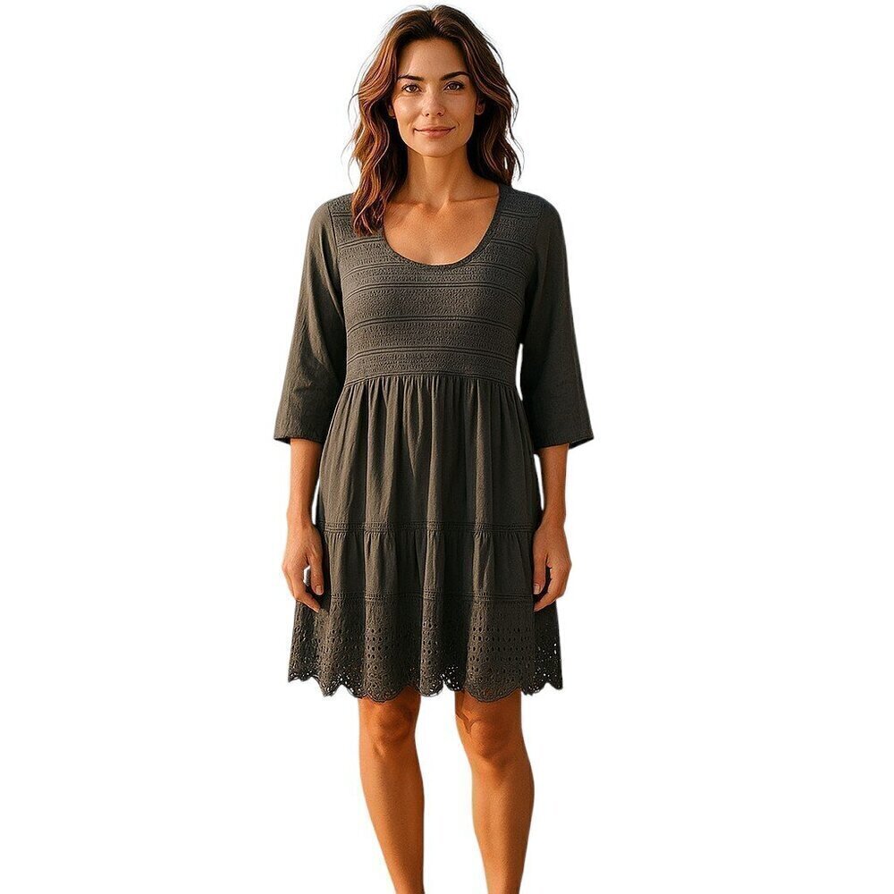 Johnny Was Dress Black Small Crochet Eyelet Cupra Rayon 3/4 Sleeve